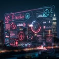 Digital interface displaying futuristic data visualizations in a cityscape backdrop. Royalty Free Stock Photo
