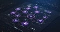 Digital interface displaying a futuristic network of interconnected icons related to Royalty Free Stock Photo