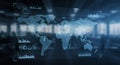 Digital interface displaying a global map with interconnected lines representing data Royalty Free Stock Photo