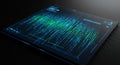 Digital interface displaying green and blue lines of binary code on a sleek, angled Royalty Free Stock Photo