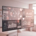 A digital interface displaying multiple data visualizations, including circular charts, bar Royalty Free Stock Photo