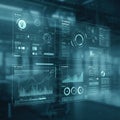 Digital interface displaying multiple futuristic data panels. Each panel includes various Royalty Free Stock Photo