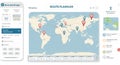 A digital interface displaying a route planner on a world map. The map shows various Royalty Free Stock Photo