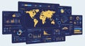 Digital interface displaying various charts, graphs, and a world map, all rendered in Royalty Free Stock Photo