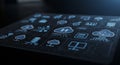 Digital interface displaying various cloud computing icons on a dark background. The Royalty Free Stock Photo