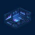 Digital interface displaying various data visualizations in a futuristic style, set against Royalty Free Stock Photo
