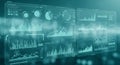 Digital interface displaying various data visualizations, including bar graphs, line Royalty Free Stock Photo