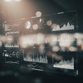 Digital interface displaying various data visualizations, including pie charts, line Royalty Free Stock Photo