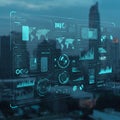 Digital interface displaying various data visualizations, including world maps, bar Royalty Free Stock Photo