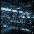 Digital interface displaying various data visualizations on a transparent screen. Royalty Free Stock Photo