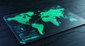 Digital interface displaying a world map with illuminated regions. The map features Royalty Free Stock Photo