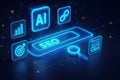 AI and SEO digital concept with search bar magnifying glass and website analytics icons artificial intelligence Royalty Free Stock Photo