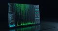 A digital interface displays an array of data visualizations and code. Dominating the Royalty Free Stock Photo