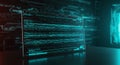 A digital interface displays complex code and binary data on a transparent, futuristic Royalty Free Stock Photo