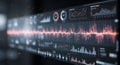 A digital interface displays complex graphs and data visualizations, including line Royalty Free Stock Photo