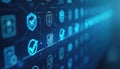 Digital interface displays compliance standards with blue glowing icons, checkboxes, and policy documentation. Futuristic Royalty Free Stock Photo
