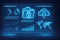 Digital screen displaying cybersecurity and cloud computing data with world map and graphs technology Royalty Free Stock Photo