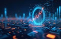 Digital interface displays financial data with rising graph. Futuristic analytics system shows market trend growth. Electronic Royalty Free Stock Photo