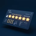 A digital interface displays a five-star review system on a dark blue background. The Royalty Free Stock Photo