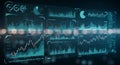 A digital interface displays multiple data visualizations, including bar graphs, line Royalty Free Stock Photo
