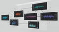 A digital interface displays several interconnected screens showing colorful Royalty Free Stock Photo