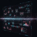 A digital interface displays various data elements, including graphs, waveforms, and Royalty Free Stock Photo