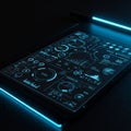 A digital interface displays various data visualizations and analytics on a tablet Royalty Free Stock Photo