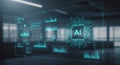 A digital interface displays various data visualizations and graphs in a futuristic Royalty Free Stock Photo