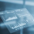 A digital interface displays various data visualizations, including line graphs, bar Royalty Free Stock Photo