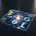 A digital interface features glowing holographic elements on a black Royalty Free Stock Photo