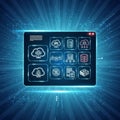 Features glowing neon icons representing cloud computing data Royalty Free Stock Photo