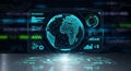A digital interface featuring a 3D holographic Earth model is displayed Royalty Free Stock Photo