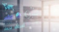 Digital interface featuring data visualizations, including world map, pie charts, line Royalty Free Stock Photo
