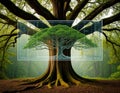 A digital interface floats over a real tree, displaying its digital model. Royalty Free Stock Photo