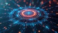 Digital interface with glowing network. Abstract tech design. Concentric circles with lines, data. Futuristic visual concept. Royalty Free Stock Photo