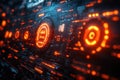 A vibrant digital interface displays glowing orange elements against a dark background, Royalty Free Stock Photo