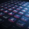A digital interface with a grid of icons against a dark background, featuring various Royalty Free Stock Photo