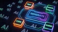 Futuristic digital interface showcasing artificial intelligence capabilities, featuring vibrant neon elements for text, image Royalty Free Stock Photo