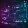 Digital interface with multiple data charts and graphs in a virtual, holographic style. Royalty Free Stock Photo