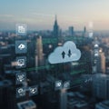 Digital interface overlay depicting cloud computing technology against an urban Royalty Free Stock Photo