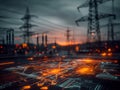 Digital interface overlay of smart grid technology at sunset with power lines and transmission towers Royalty Free Stock Photo