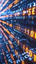 Digital interface with pixelated data stream, binary code, and encryption concept, glowing dots Royalty Free Stock Photo