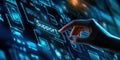 Digital interface showcasing a hand reaching for a support button in a futuristic technology environment with glowing Royalty Free Stock Photo