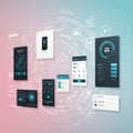 A digital interface showcasing multiple virtual screens with various data visualization Royalty Free Stock Photo