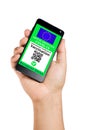 Digital International certificate of vaccination. European Green Pass showed on display of smartphone isolated