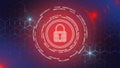 Digital internet cyber security technology concept - binary code circles around padlock on graphic cube pattern background Royalty Free Stock Photo