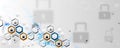 Digital internet network communication security technology concept for background and lock on circuit board.
