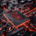 "Digital Intricacies: Circuit Board with Glowing Red Elements and Fingerprint"