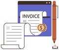 Digital Invoice Management with Pen, Coin, and Document Elements Royalty Free Stock Photo