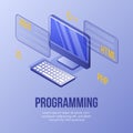 Digital isometric design concept scene-laptop and programming languages for coding online school,app,internet page,banners. Royalty Free Stock Photo